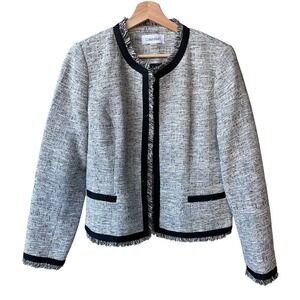 Calvin Klein Blazer Jacket Tweed Black Trim Fringe Open Front Business Preppy 12